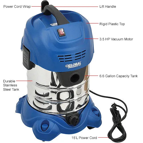 Stainless Steel Wet/Dry Vacuum, 6.6 Gallon Cap.