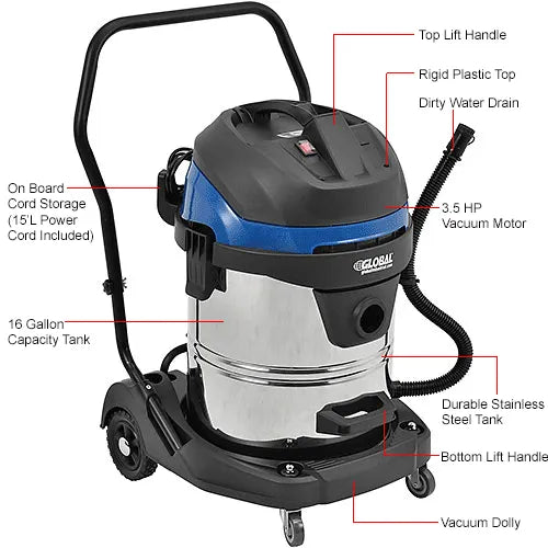 Stainless Steel Wet/Dry Vacuum, 16 Gallon Cap.