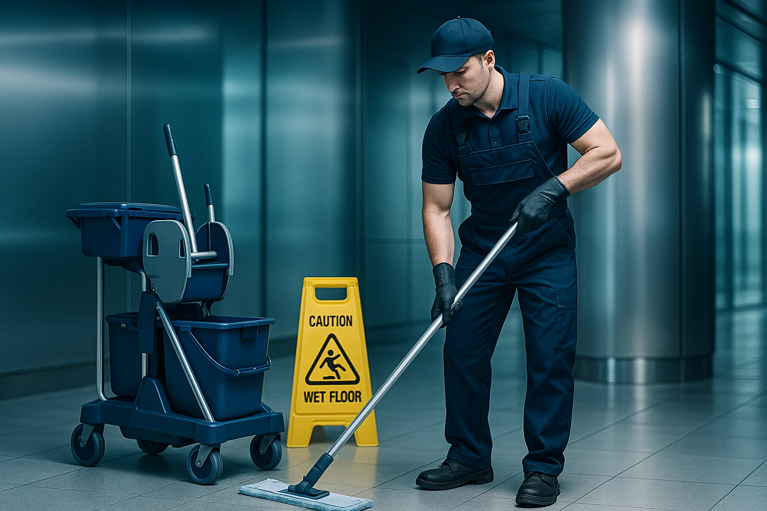 commercial cleaner with blue and silver hue in background